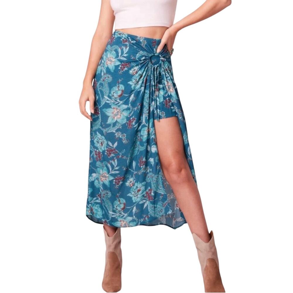 Band of the Free Celene Deep Teal Boho Floral Layered Midi Skirt Women’s Size XS
